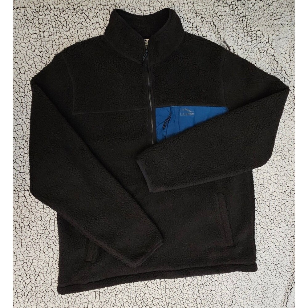 LL Bean Mens Large Hi-Pile Fleece Quarter Zip Pullover Black Blue Chest Pocket